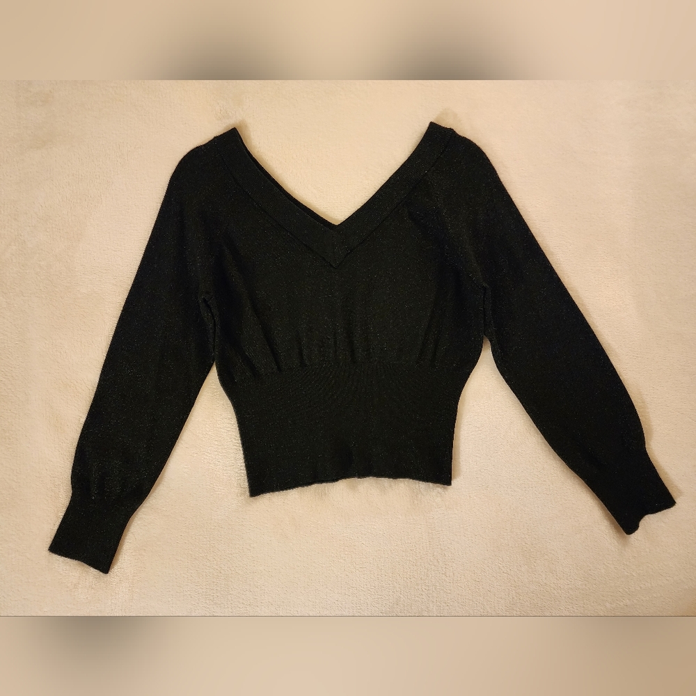 Black V-Neck Metallic Crop Sweater Juniors XL